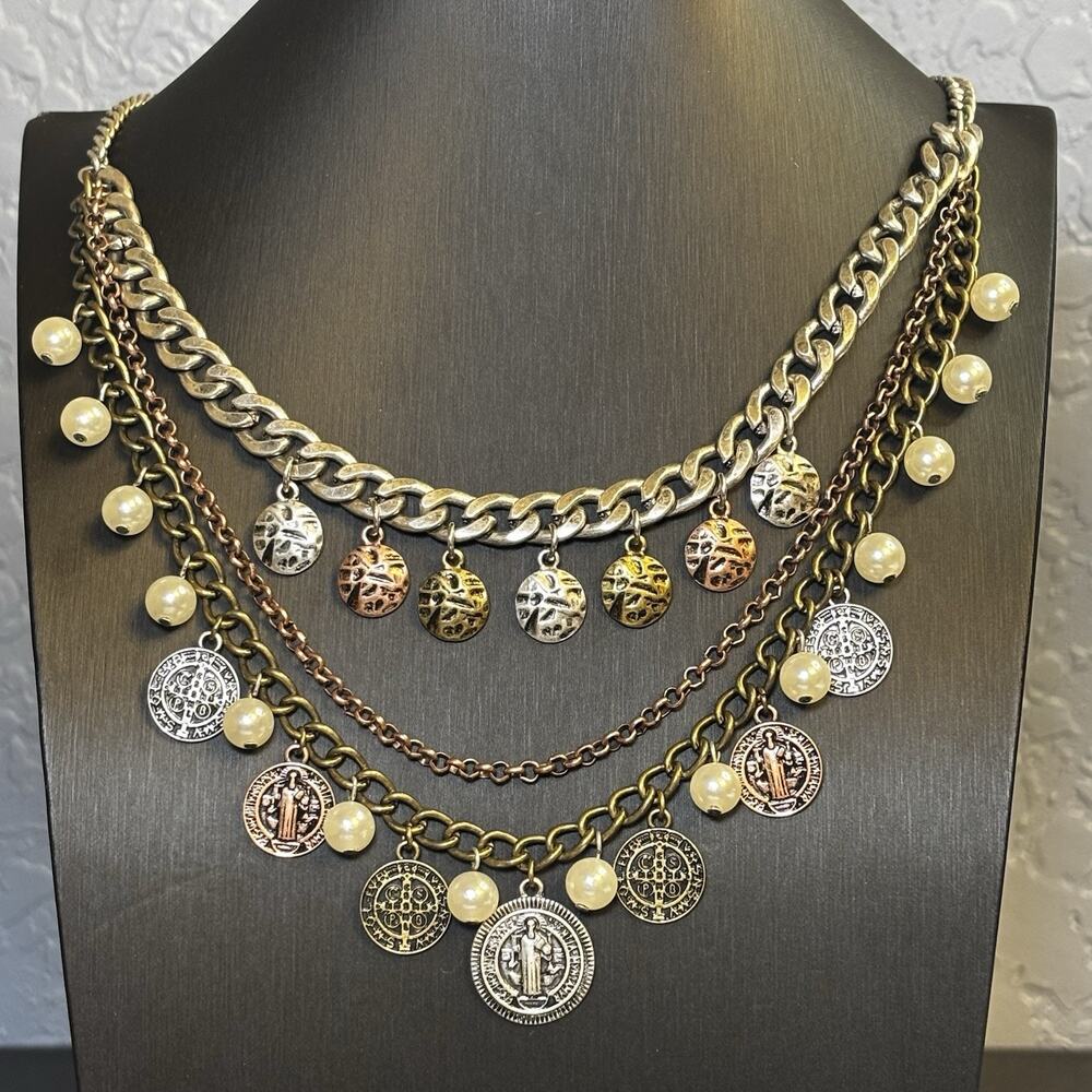 Saint Benedict Mixed Metal Coin Necklace Multi-Strand Jewelry Religious
